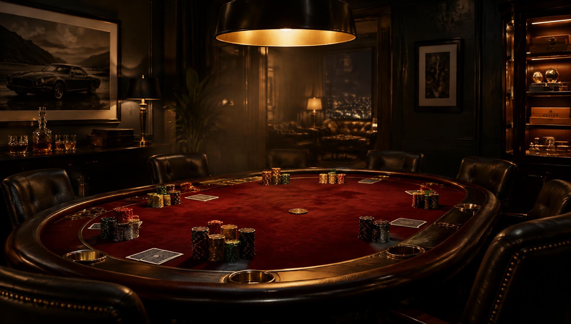 A private poker room with a crimson felt table